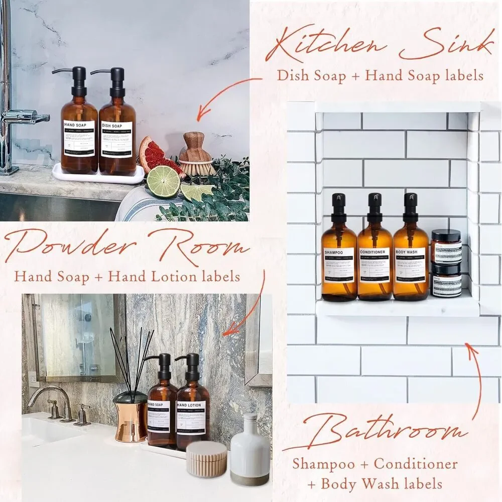 gdtimes Dispenser Set With Labels - Amber‎ Bottles With Black Pumps 17 Oz